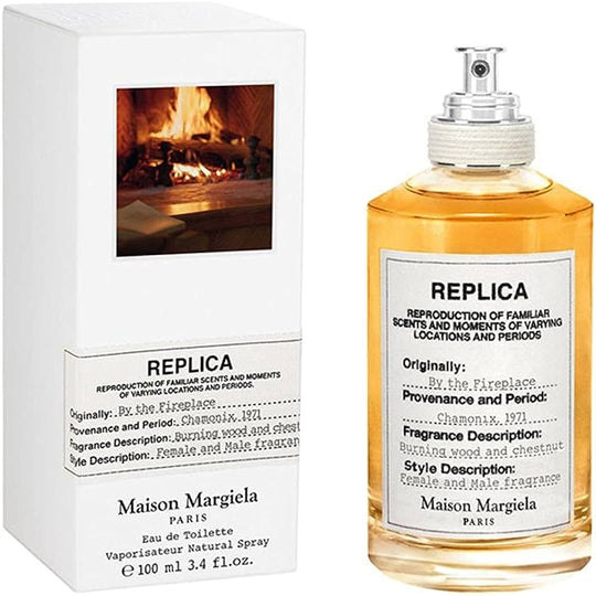 An EDT 100mL Maison Margiela Replica series By The Fireplace fragrance along with its box
