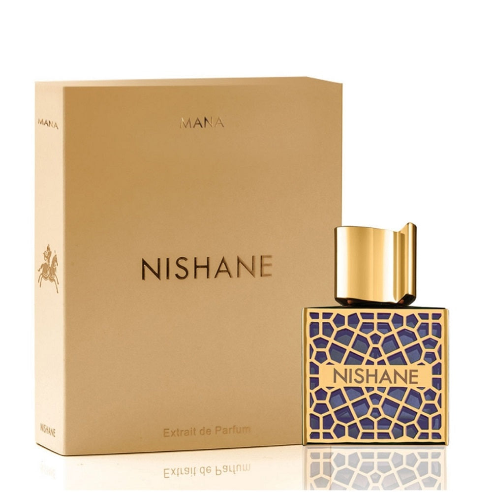 An Extrait de Parfum 50mL bottle of Nishane Mana along with its Box