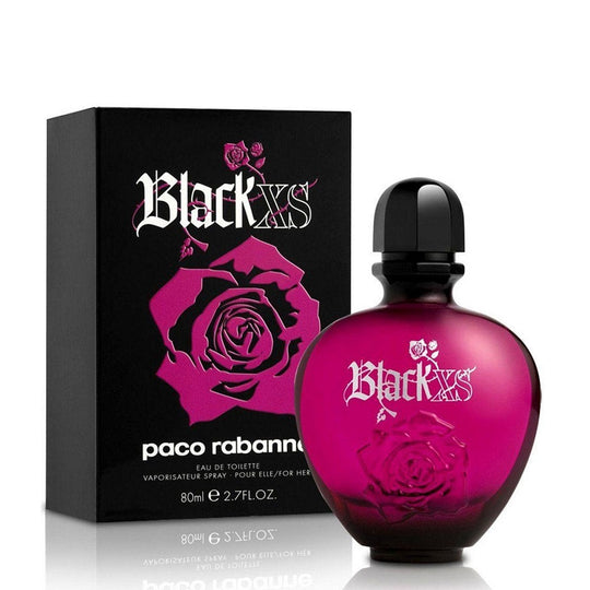 An EDT 80mL bottle of Black XS For Her by Paco Rabanne along with its Box