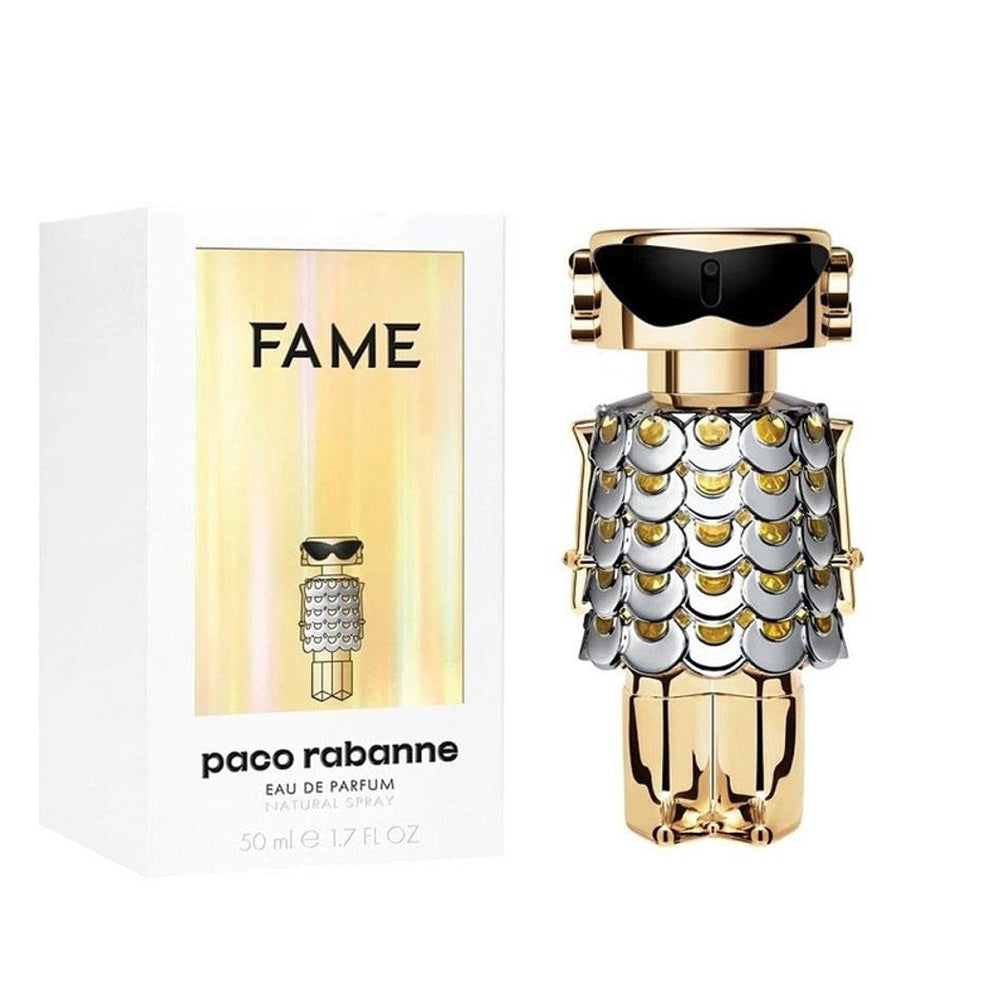 An EDP 50mL bottle of Fame for Women perfume by Paco Rabanne along with its Box