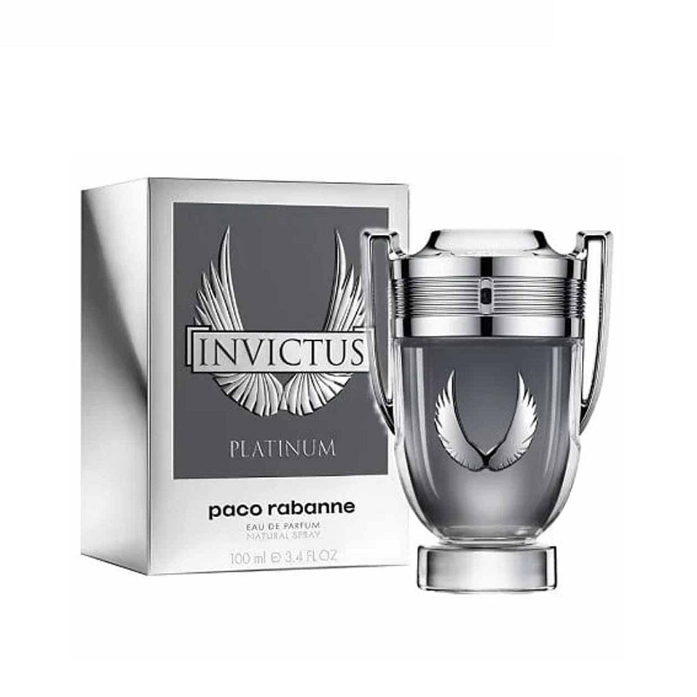 An EDP 100mL bottle of Invictus Platinum For Men  by paco Rabanne along with its Box