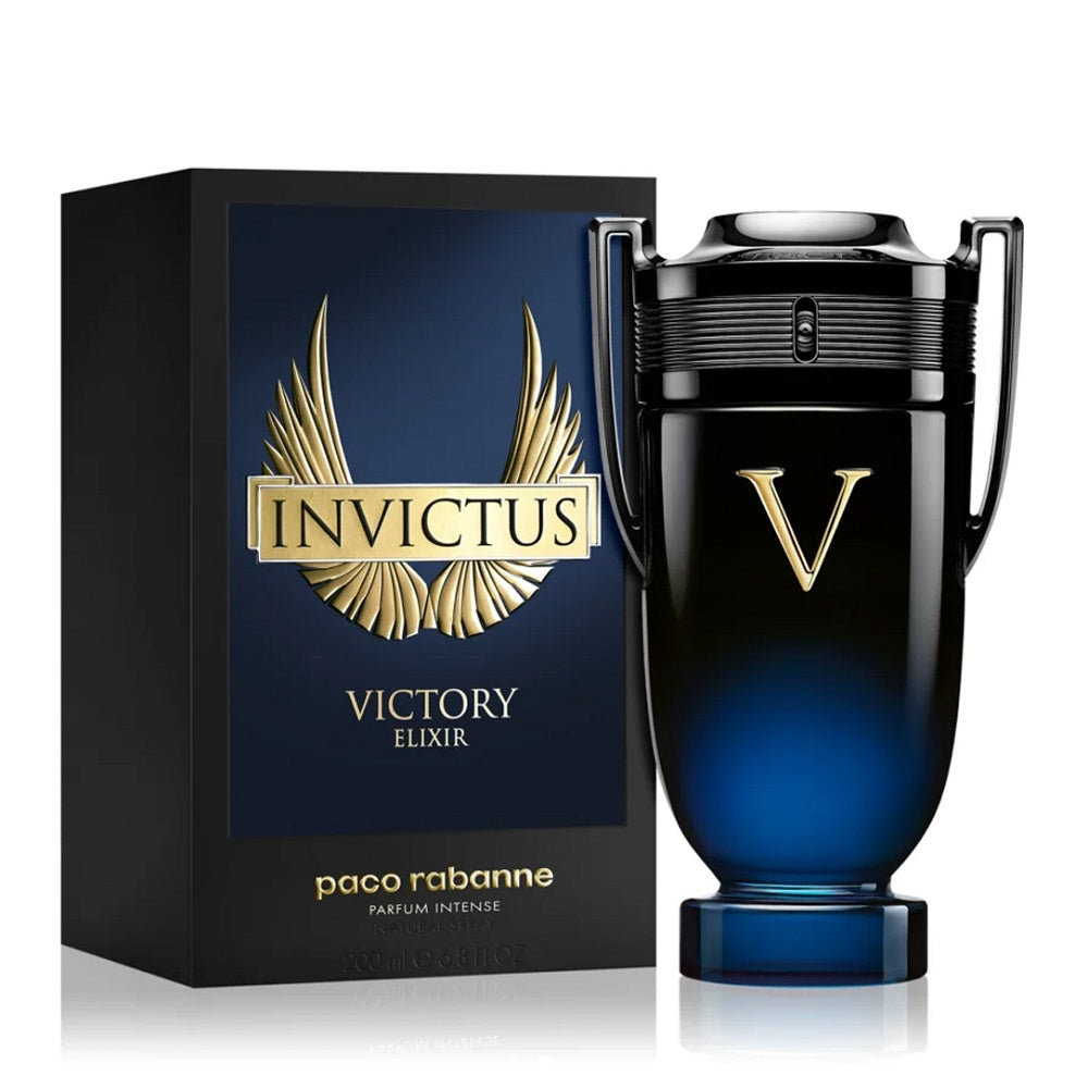 An Extrait de Parfum 200mL bottle of Invictus Victory Elixir For Men by Paco Rabanne along with its Box