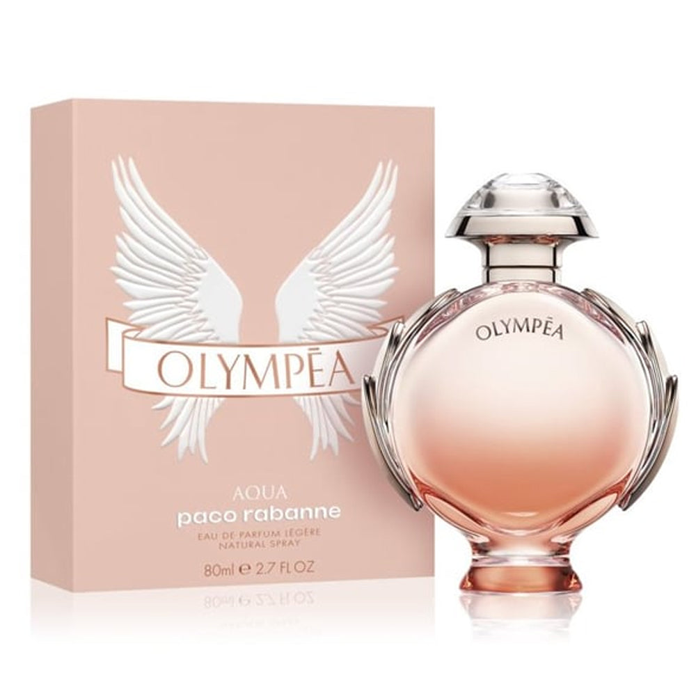 An EDP 80mL bottle of Olympéa Aqua Légère perfume by Paco Rabanne along with its box