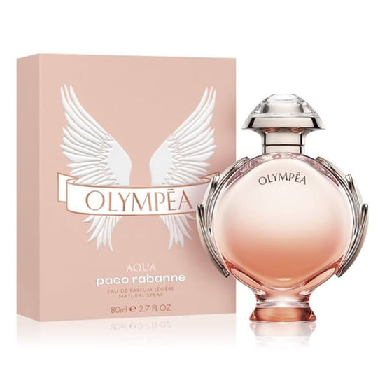 An EDP 80mL bottle of Olympéa Aqua Légère perfume by Paco Rabanne along with its box