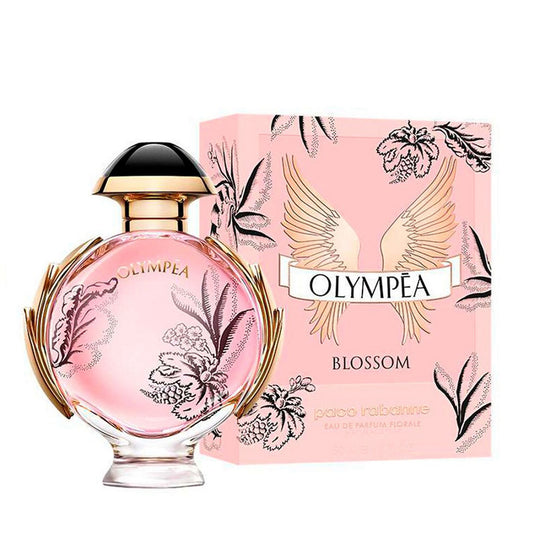 An EDP 80mL bottle of Olympea Blossom Florale For Women by Paco Rabanne along with its box