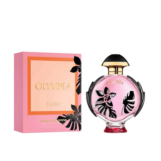 An EDP 80mL bottle of Olympea Flora For Women by Paco Rabanne along with its Box