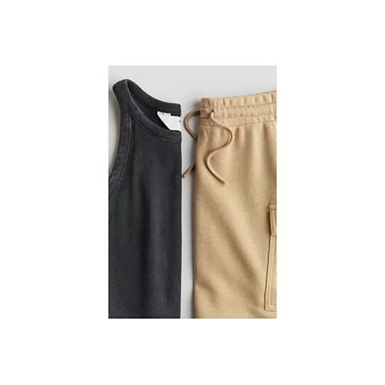 Beige Draw-string Waist Skirt and Black Round Neck Top