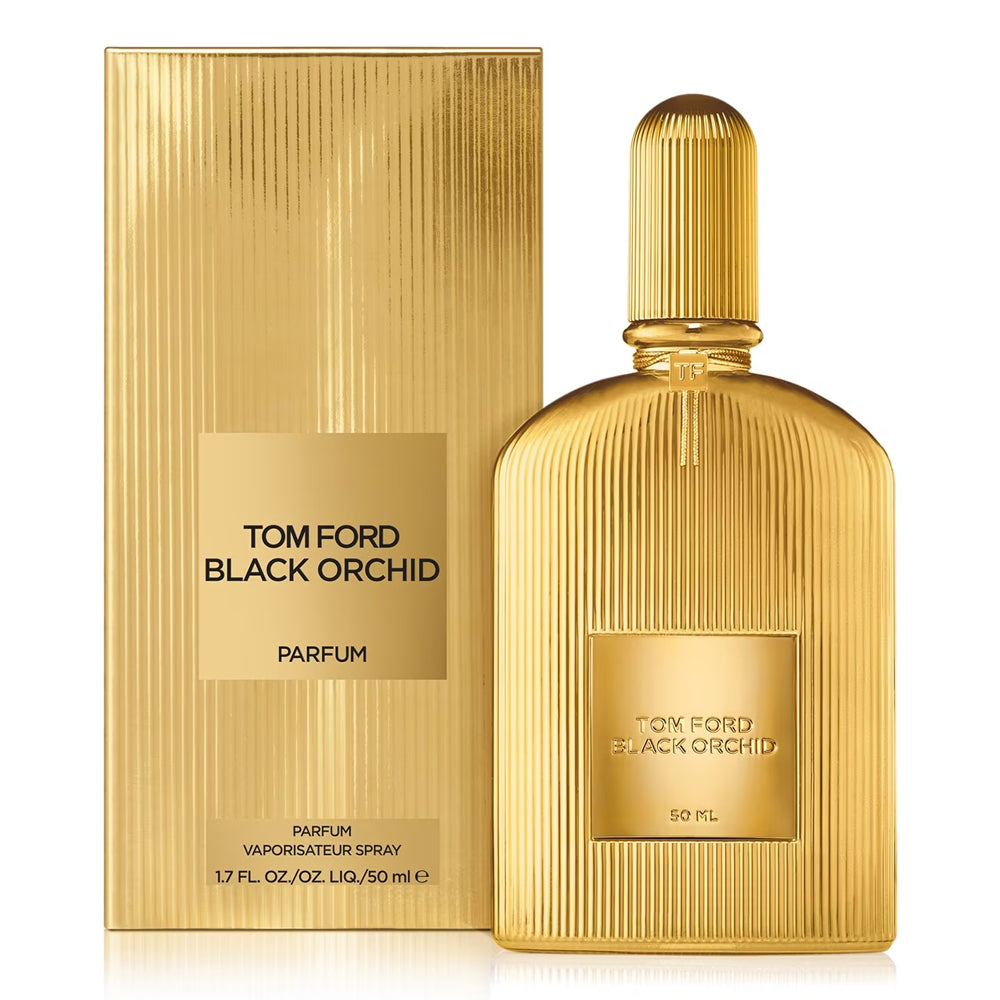 A 50mL bottle of Black Orchid Parfum by Tomford along with its box