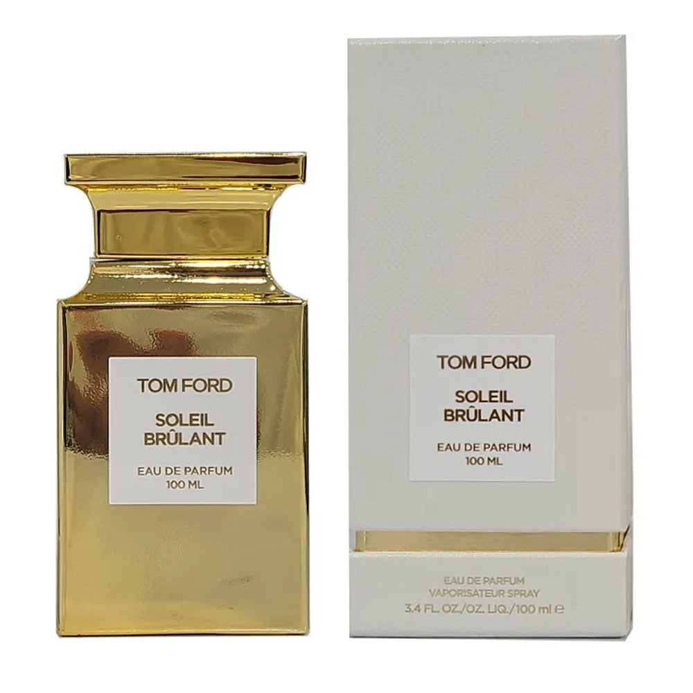 An EDP 100mL bottle of Soleil Brulant fragrance by Tomford with its box