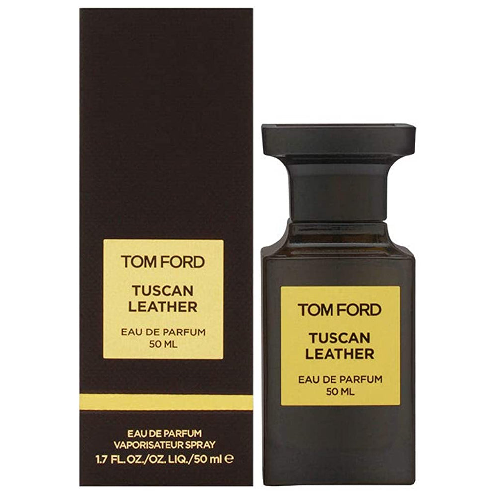 An EDP 50mL bottle of Tuscan Leather by Tomford along with its box