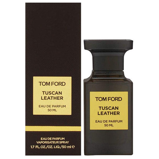 An EDP 50mL bottle of Tuscan Leather by Tomford along with its box