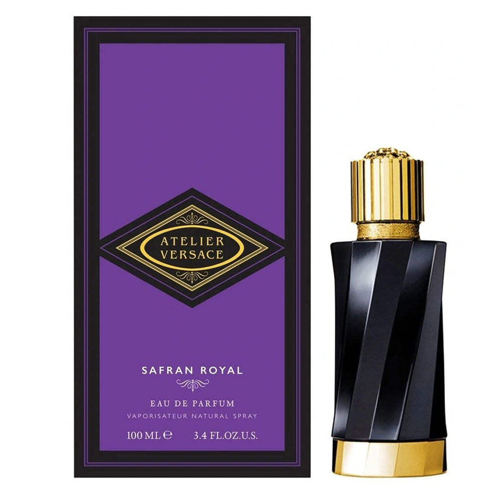 An EDP 100mL bottle of Versace Atelier Safran Royal perfume bottle along with its Box