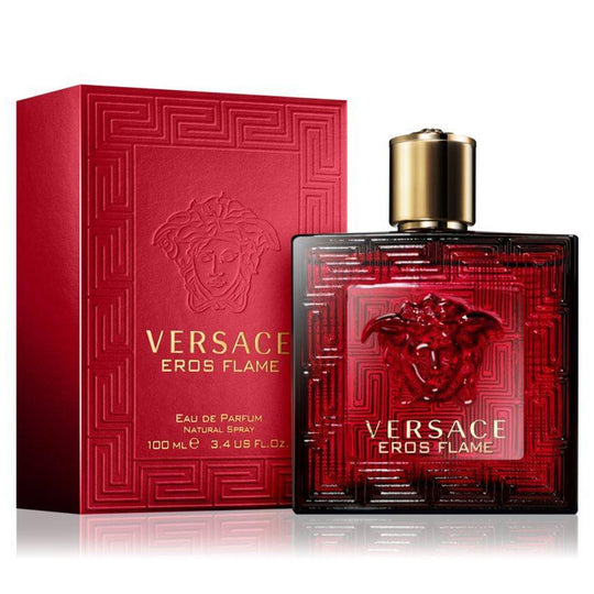 An EDP 100mL bottle of Eros Flame by Versace along with its Box