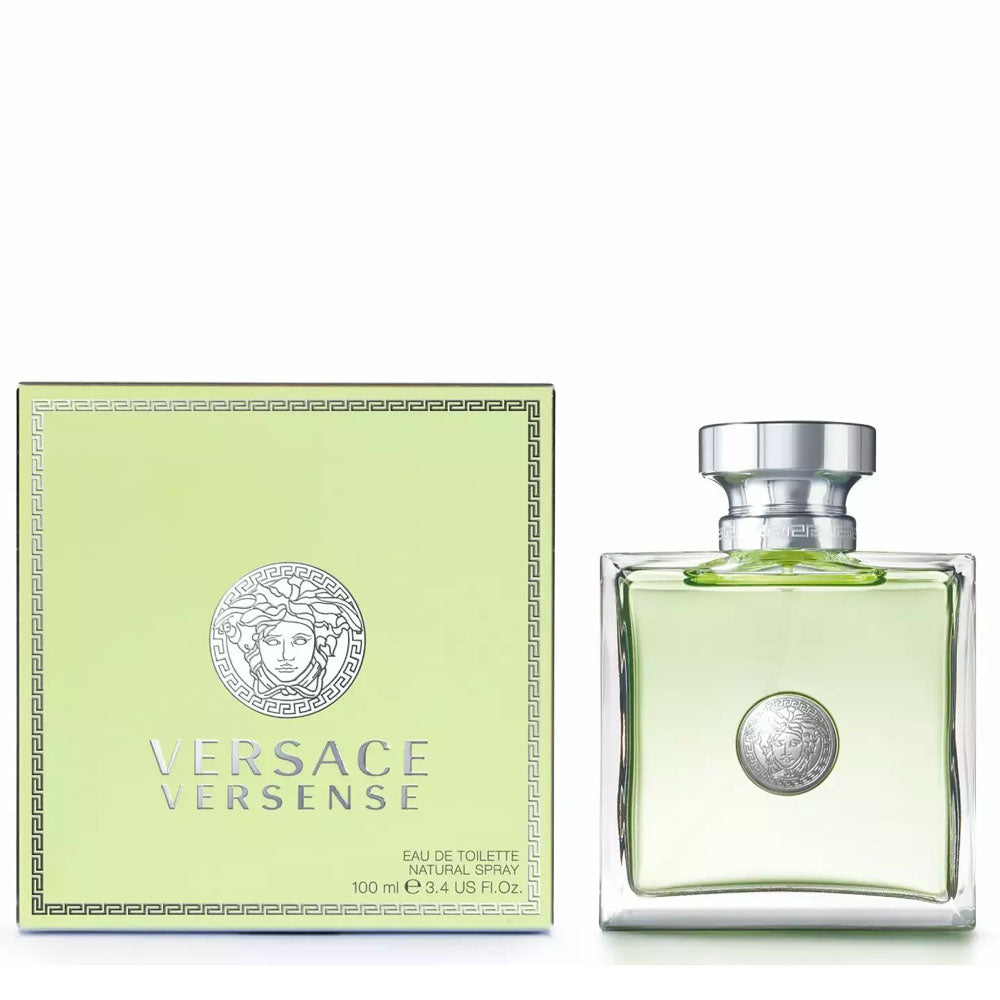 An EDT 100mL bottle of Versense perfume by Versace along with its Box