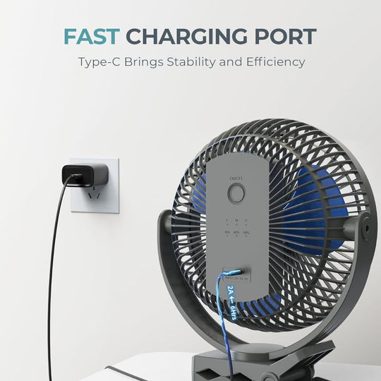 xasla 8-Inch 360° Rotating Portable Clip-On Fan with Long-Lasting 24 Hour 10000mAh Battery