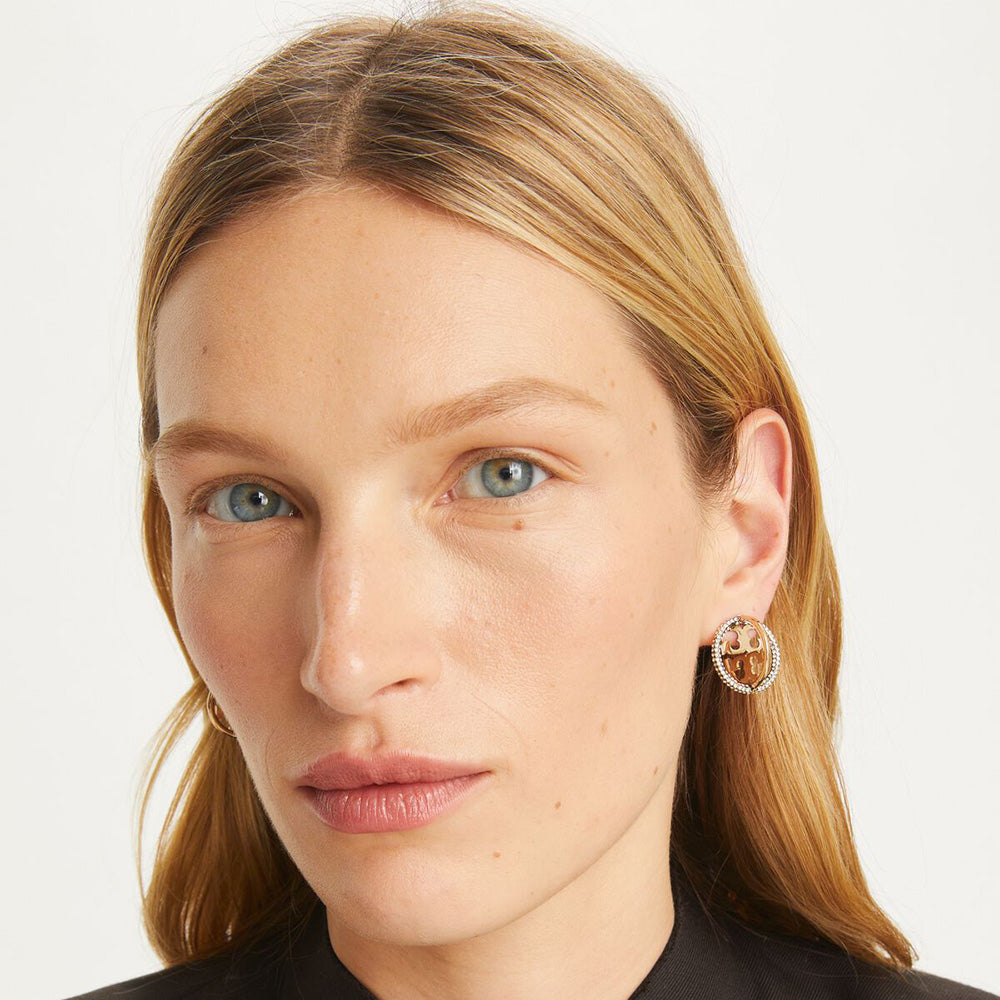 Model in Tory Burch Gold Plated Multi-hoop Paved Earrings