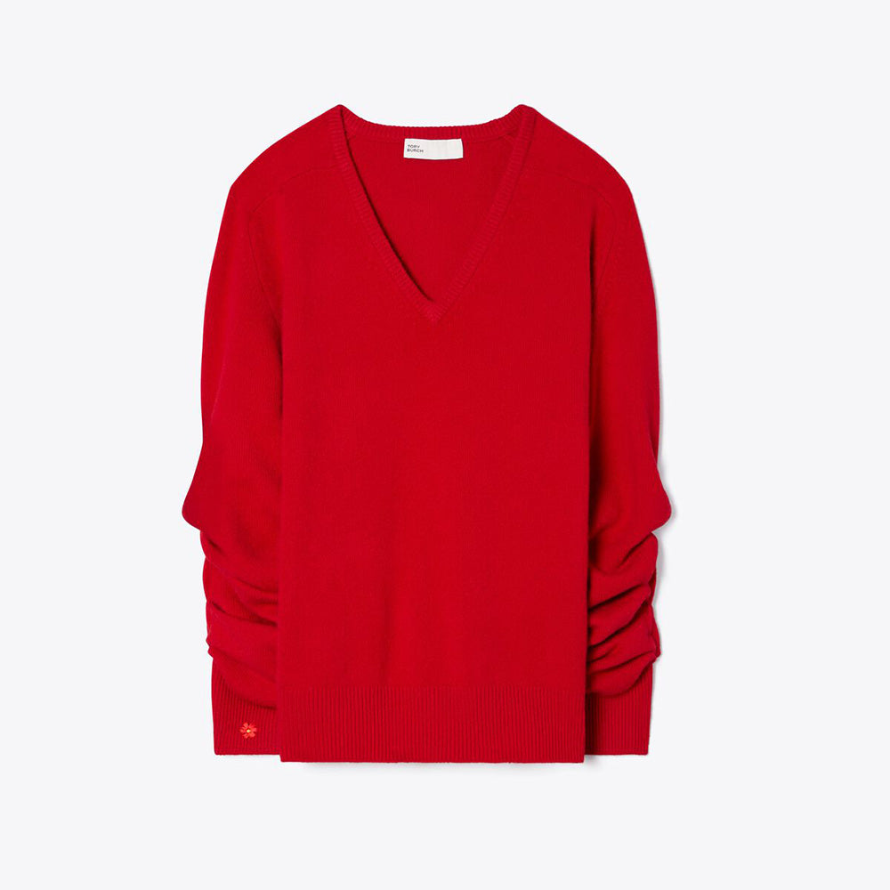 Tory Burch Red Woolen V-Neck Sweater