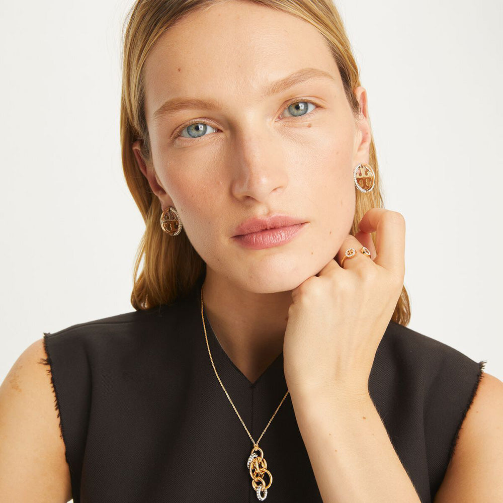 Model Wearing Tory Burch Multi-hoop Pave Earrings