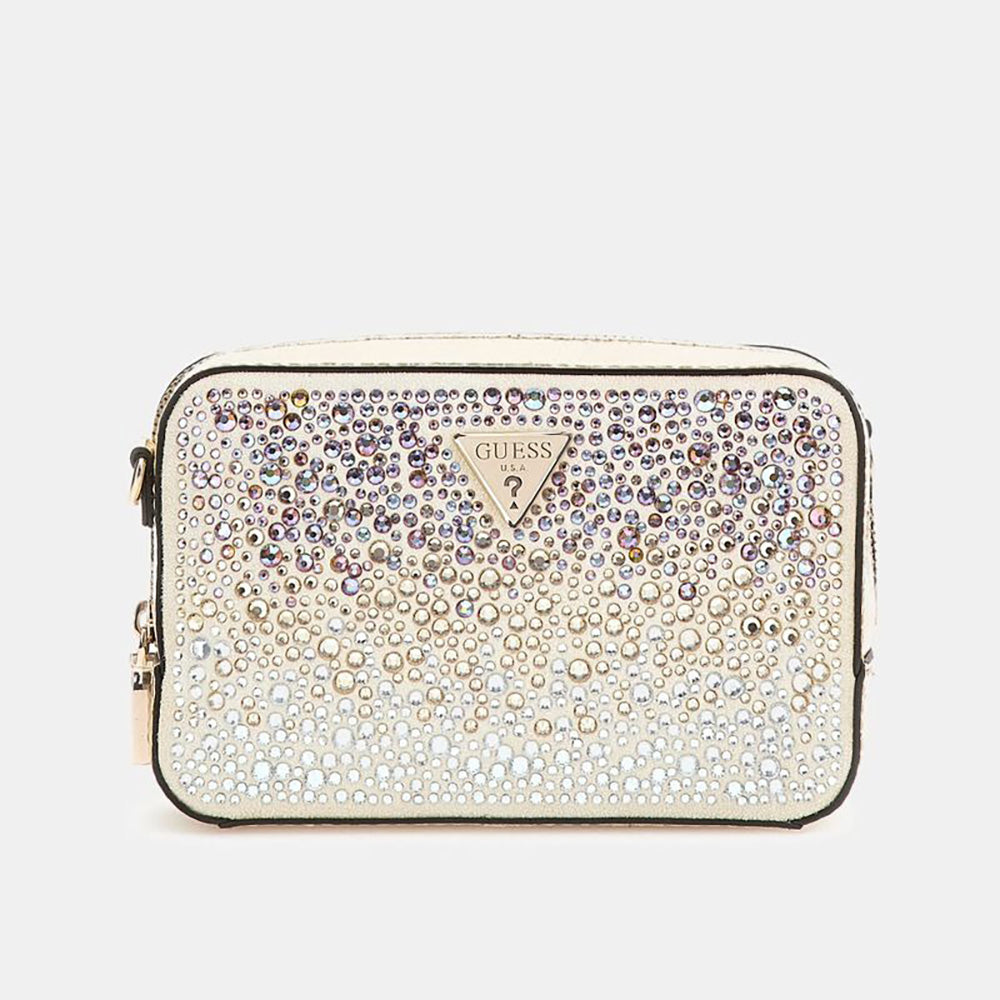 Golden Cross-body Bag with Multi-coloured Rhinestone Embellished