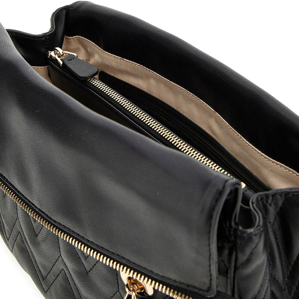 Lined Interior of Black Quilted Flap Shoulder Bag