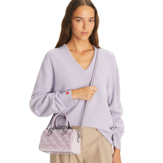 Lady Wearing T Monogram Petite Crossbody Barrel Bag