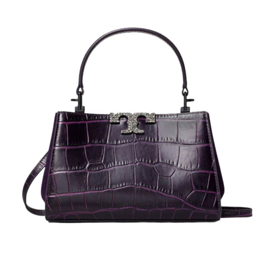 Croc-embossed Satchel Bag with Top Handle and Cross-body Strap