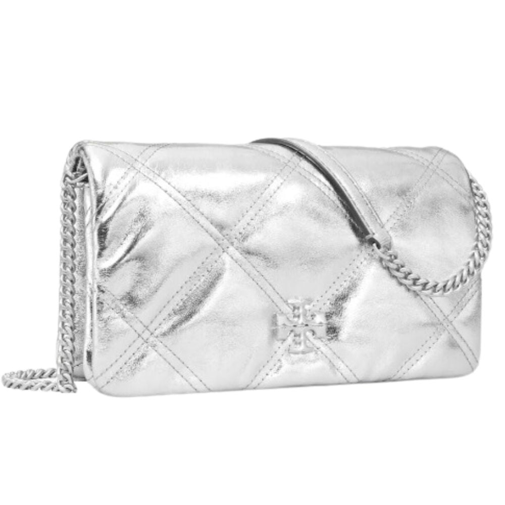 Tory Burch KIRA Metallic Diamond Quilt Wallet with Chain Strap