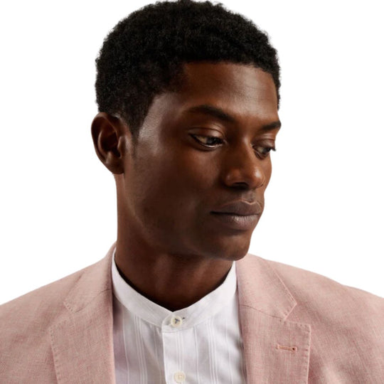 Model Wearing Light Pink Linen Blend Cotton Blazer with White Inner Shirt