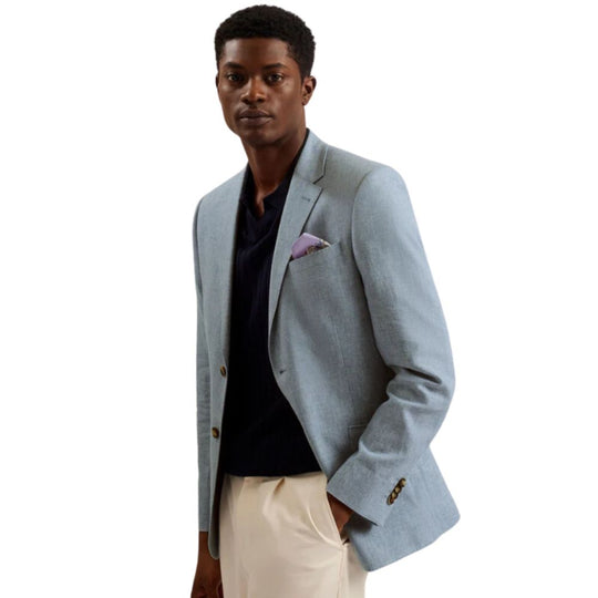 Model in Light Blue Linen Blend Cotton Blazer with Flap Pockets