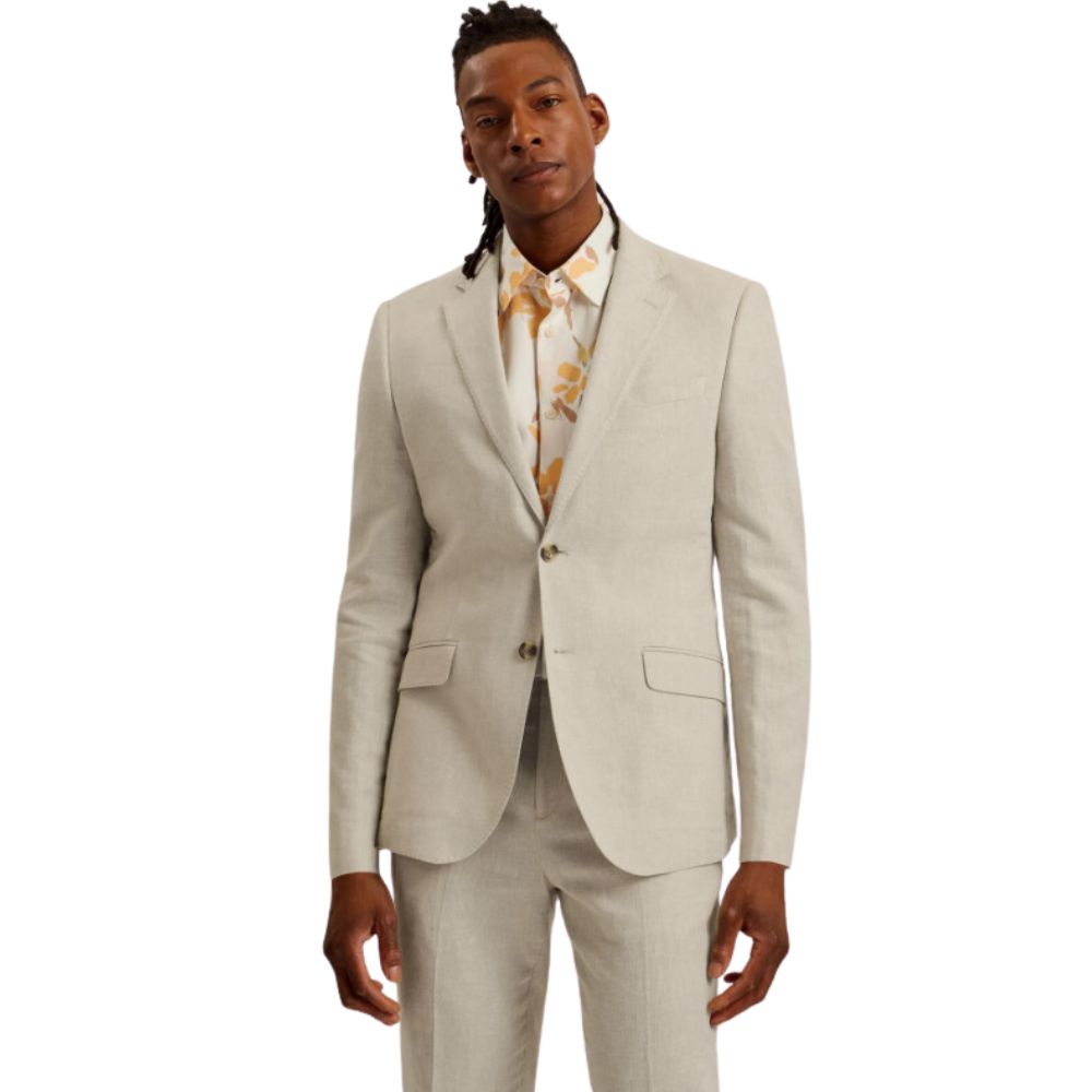 Man in Beige Linen Blend Cotton Blazer with Notch Lapel