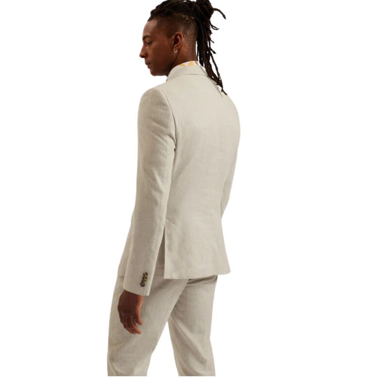 Back View of Model in Beige Linen Blend Cotton Blazer