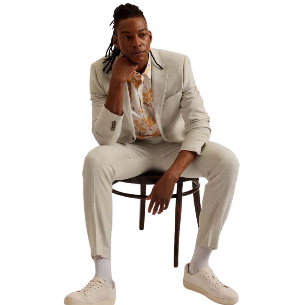 Man on Chair  Wearing Beige Linen Blend Cotton Blazer