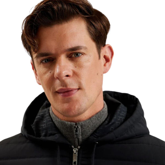 Man in Black Quilted Sweatshirt with Hoodie and Zip Closure