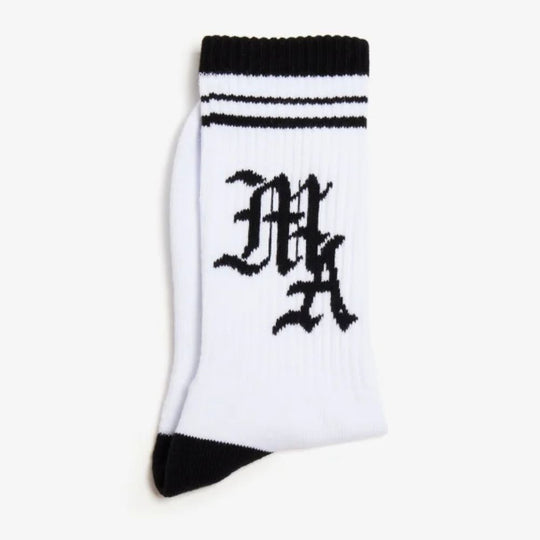 White AMIRI sock with a black and white "MA" logo and black stripes at the top