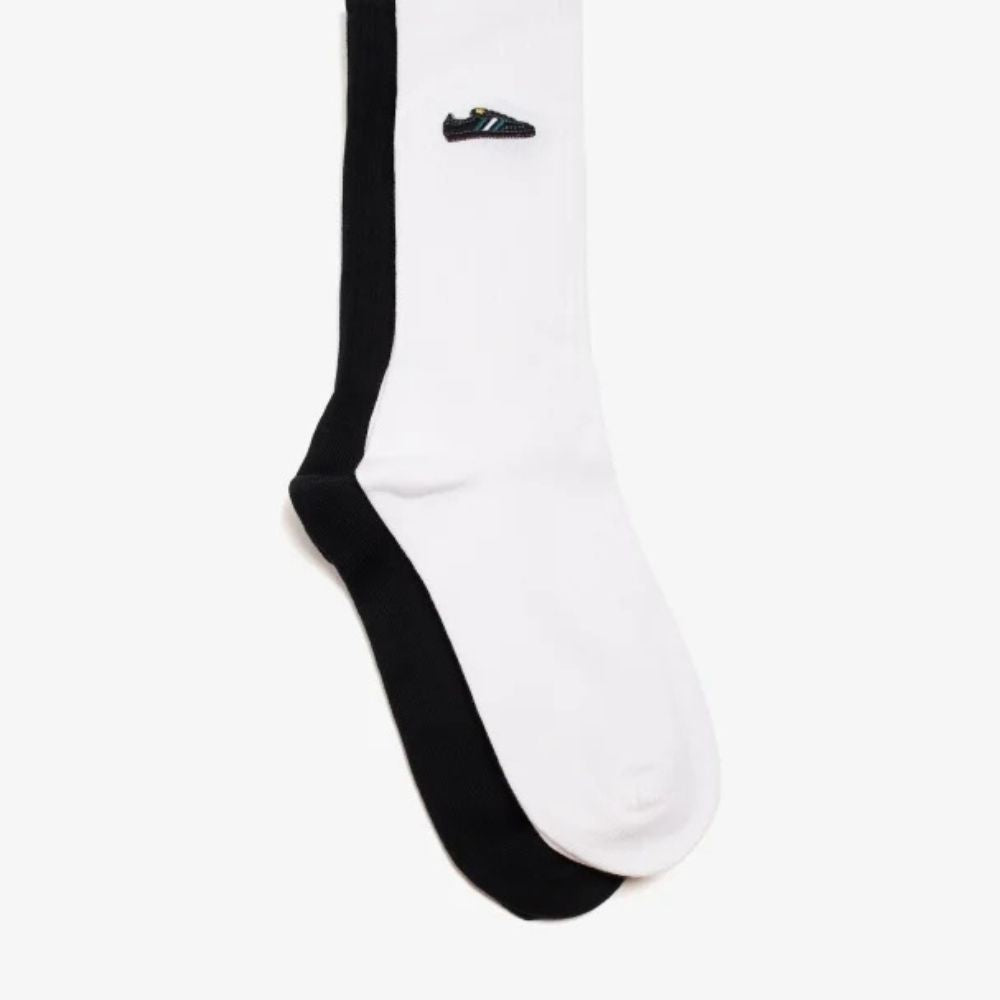 Adidas Samba Crew Socks 2-pack: Black and white socks with a tiny embroidered Samba shoe visible on one sock.