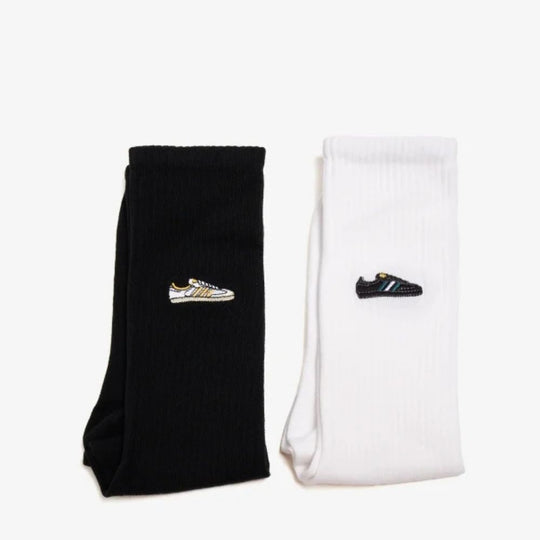 Adidas Samba Crew Socks 2-pack: Black and white socks with a tiny embroidered Samba shoe on one each sock.