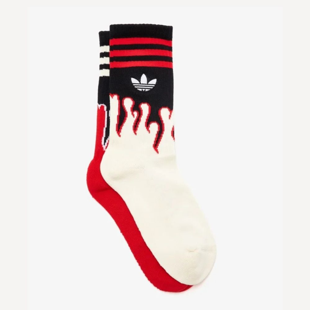 Adidas x 100 Thieves crew socks, black and red with flame graphic