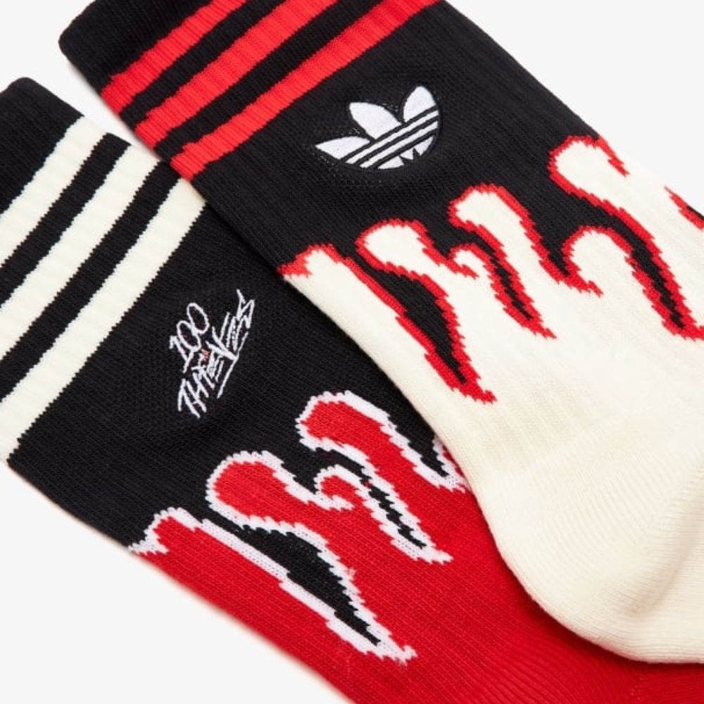 Adidas x 100 Thieves crew socks, black and red with flame graphic