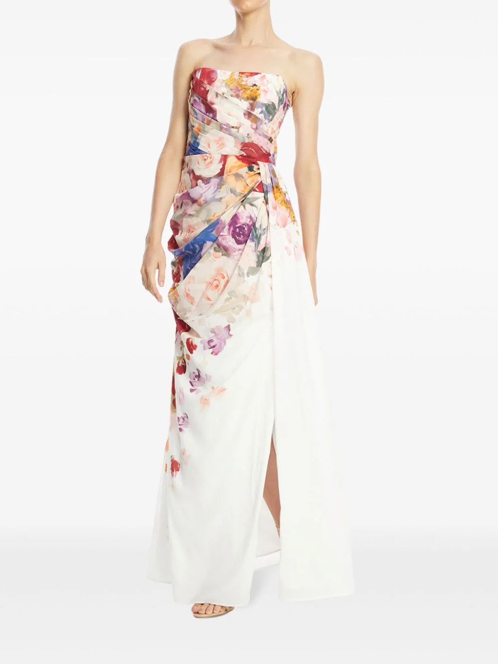 Model showing side slit and pleats of the floral bustier dress