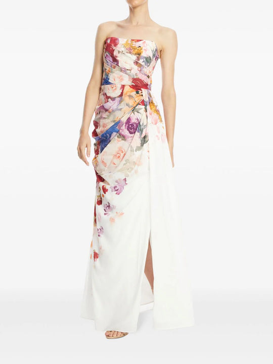 Model showing side slit and pleats of the floral bustier dress