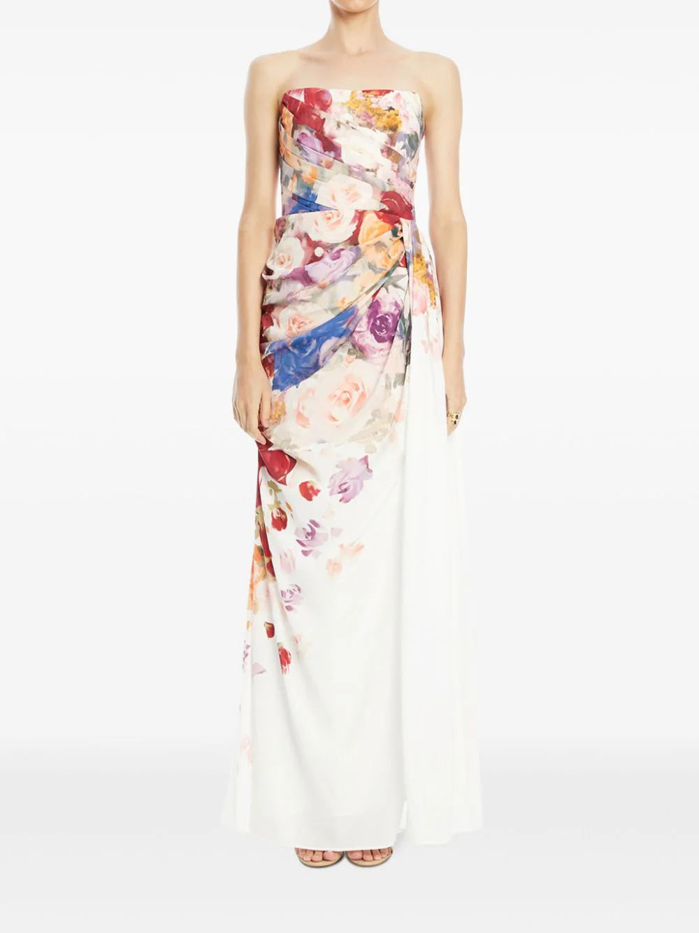 Model wearing the white bustier dress with cascading flowers