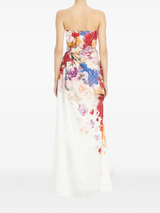 Back View of the floral bustier dress showing neat pleats and and colorful flowers