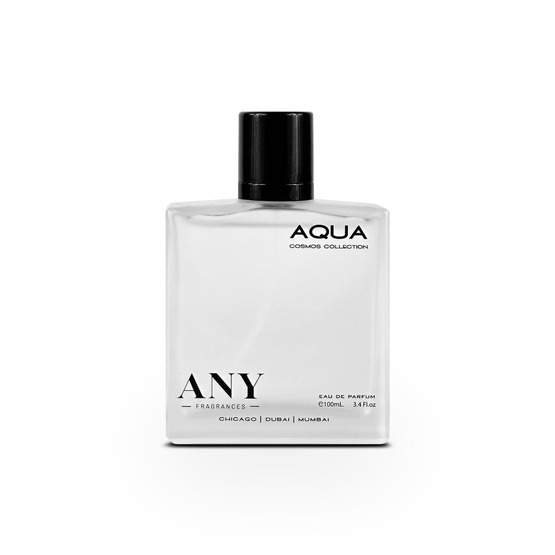 Perfume bottle labeled 'Aqua' by 'ANY Fragrances' on a white background