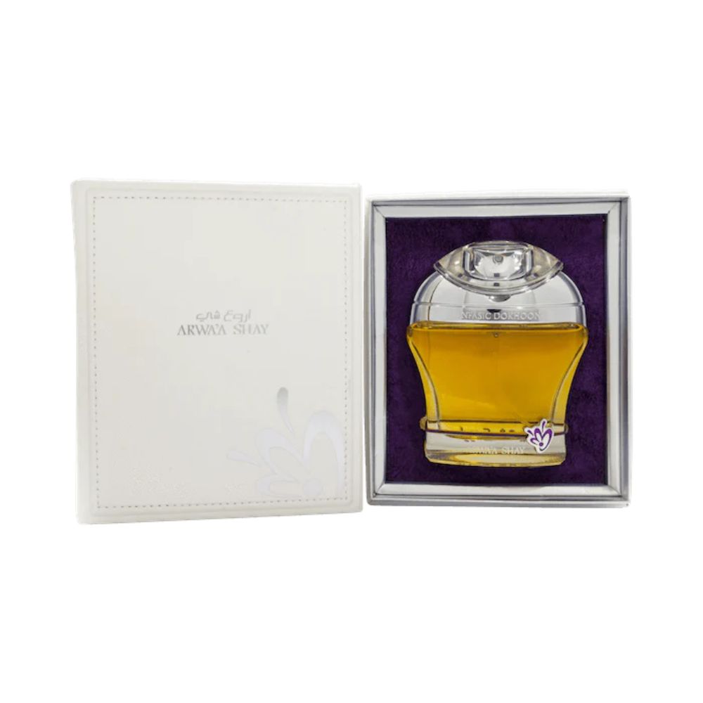 A 75mL parfum bottle of Arwa'a Shay Parfum by Anfasic Dokhoon in its open Box