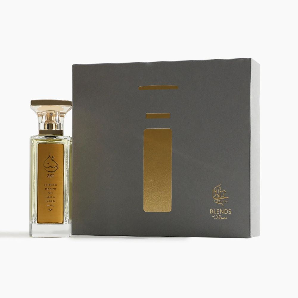 A 65mL parfum bottle of Ast Parfum by Khaltat along with its Box