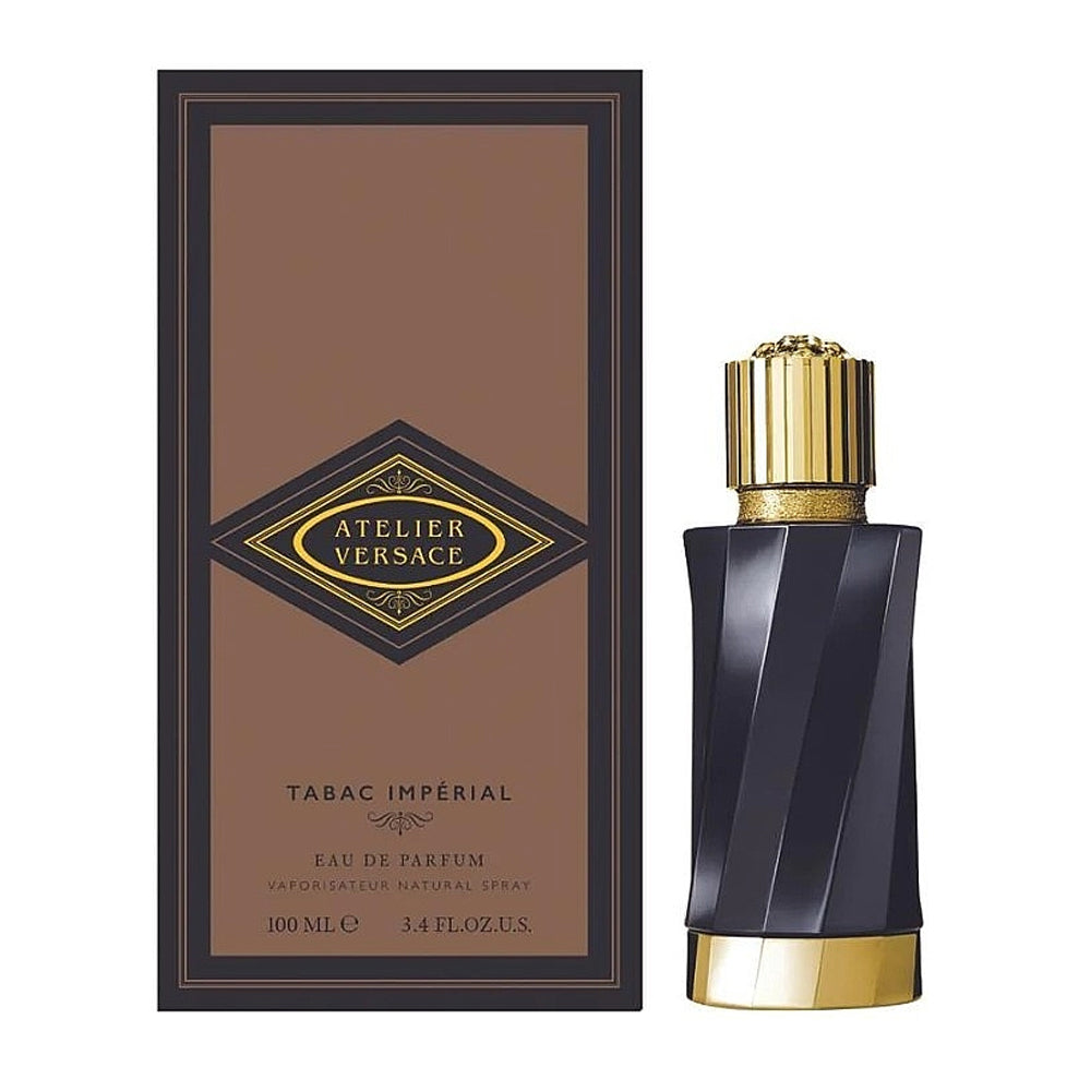 An EDP 100mL bottle of Atelier Versace Tabac Imperial perfume along with its Box