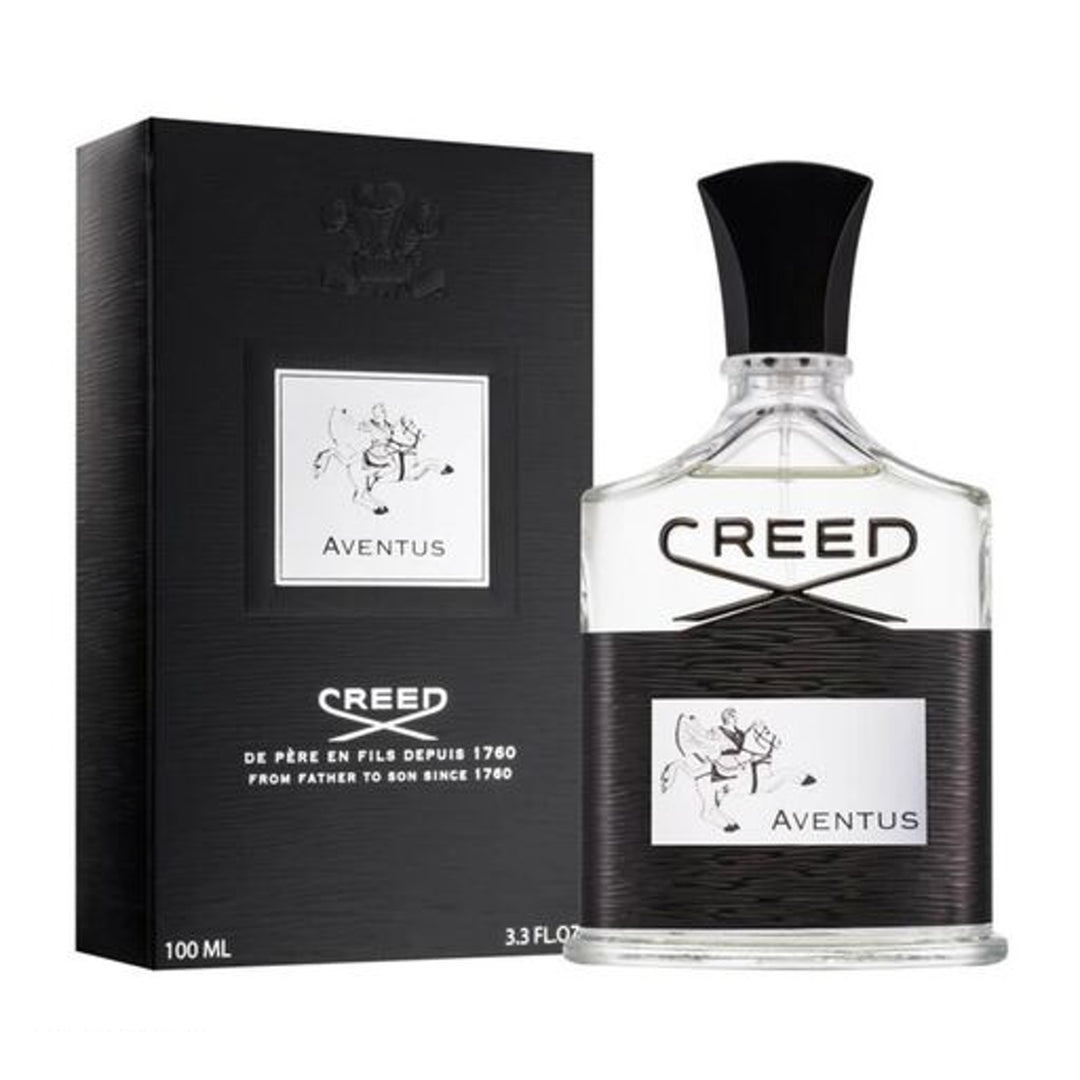 An EDP 100mL bottle of Creed Aventus Men's fragrance along with its pack