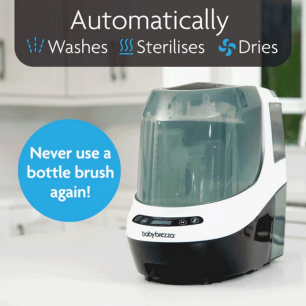 Baby bottle sterilizer with text indicating its functions and benefits on a kitchen counter.