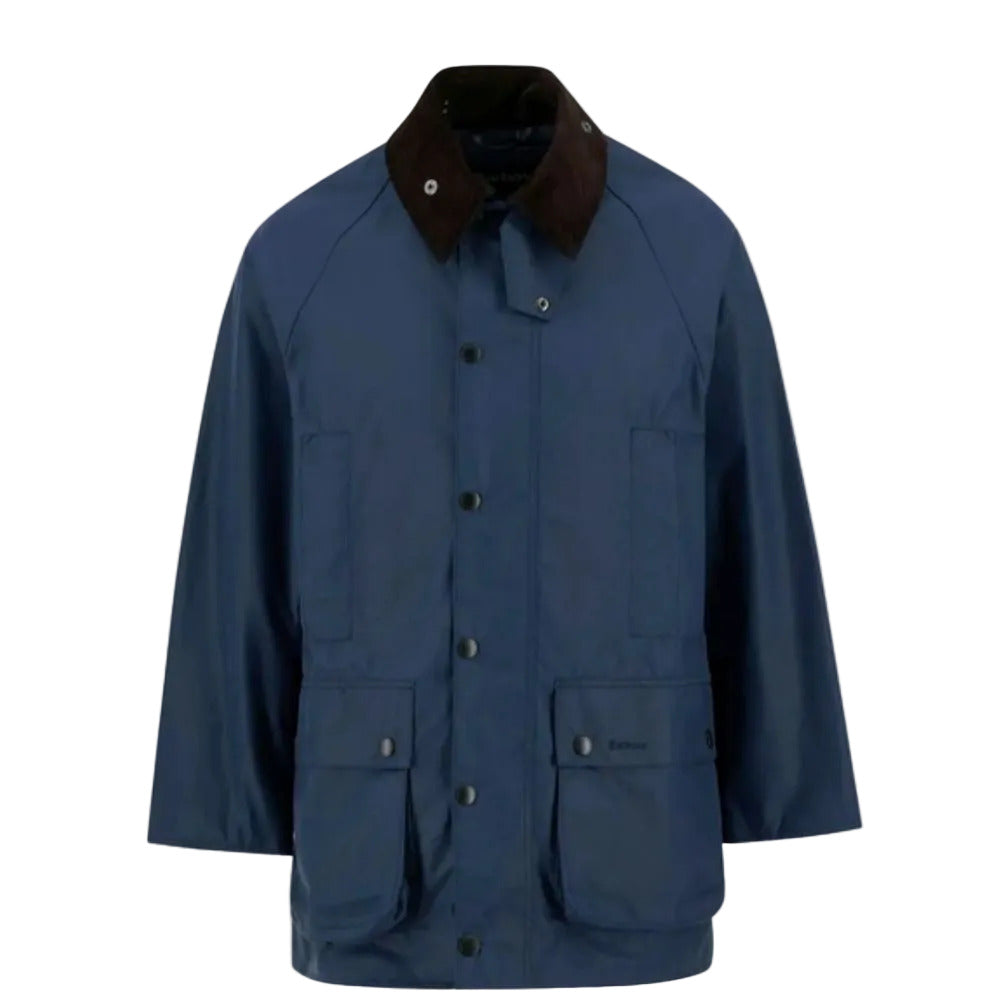 Blue jacket with a brown collar on a white background