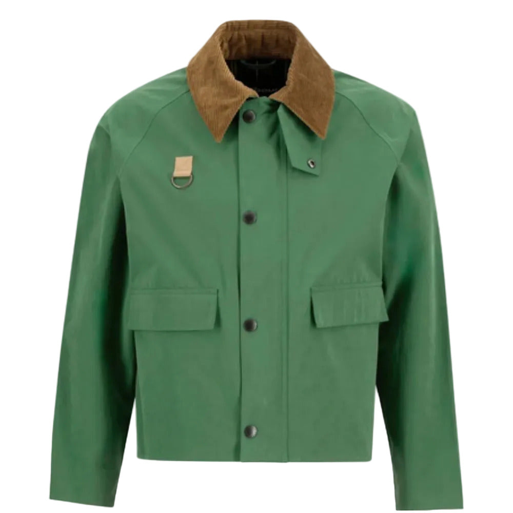 Green jacket with brown collar on a white background